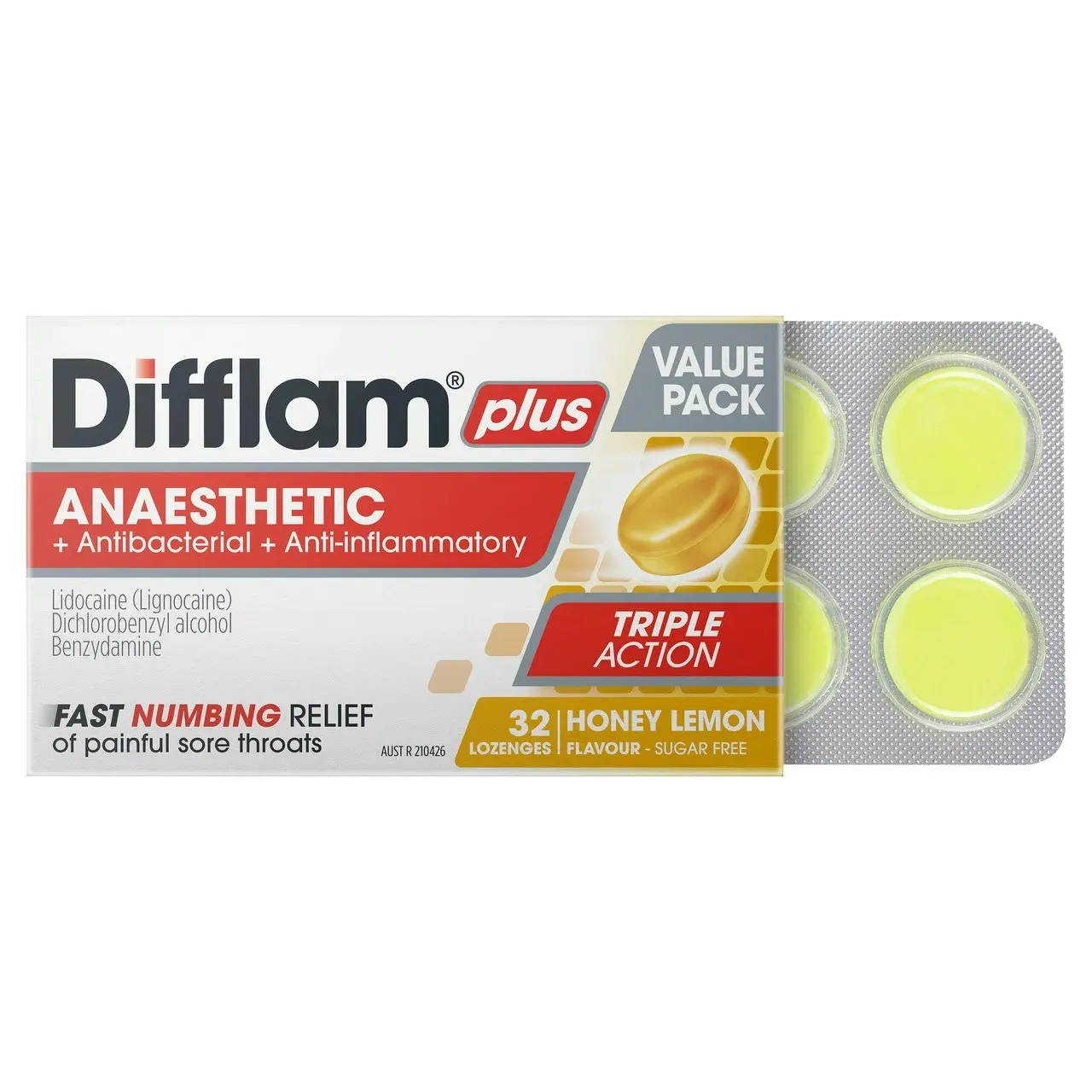 Difflam Plus Anaesthetic Sore Throat Lozenges Honey & Lemon Flavour 32 Pack