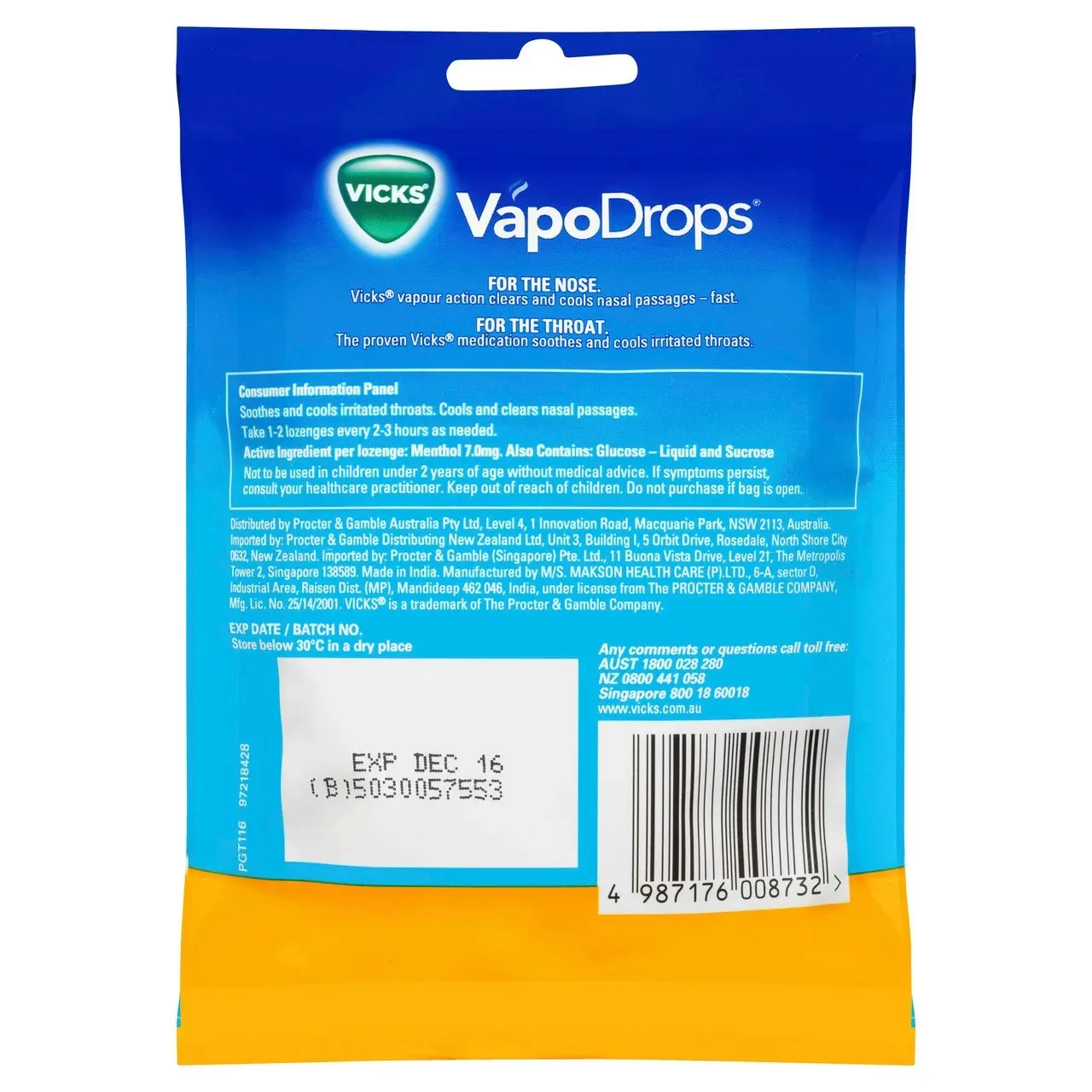 Vicks VapoDrops Butter Menthol Cough Cold 24 Lozenges