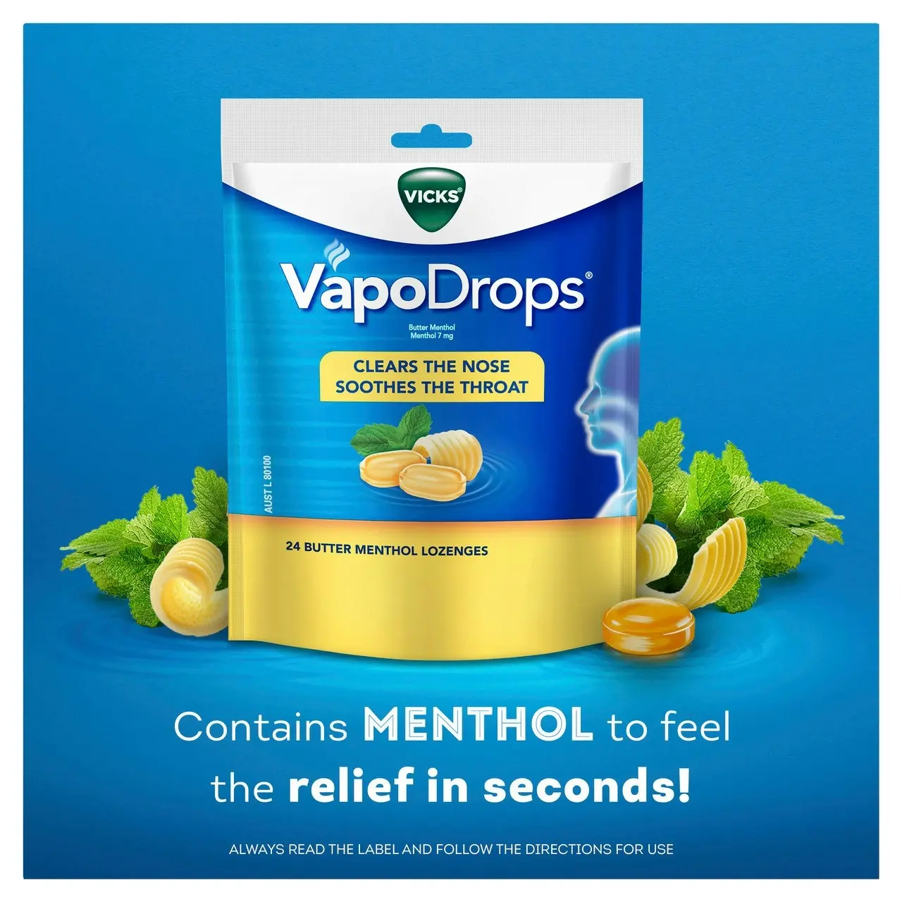 Vicks VapoDrops Butter Menthol Cough Cold 24 Lozenges