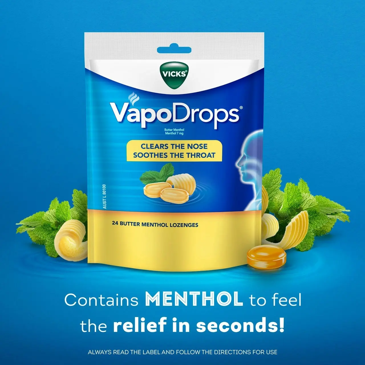 Vicks VapoDrops Butter Menthol Cough Cold 24 Lozenges