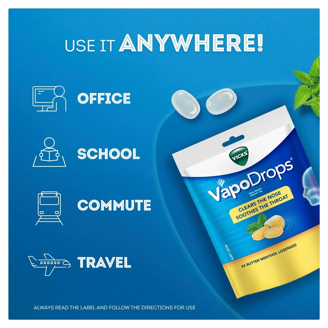 Vicks VapoDrops Butter Menthol Cough Cold 24 Lozenges