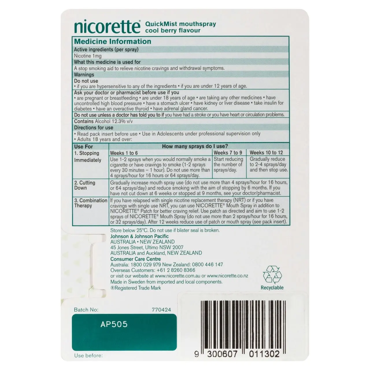 Nicorette Quit Smoking QuickMist Nicotine Mouth Spray Cool Berry 150 Pack