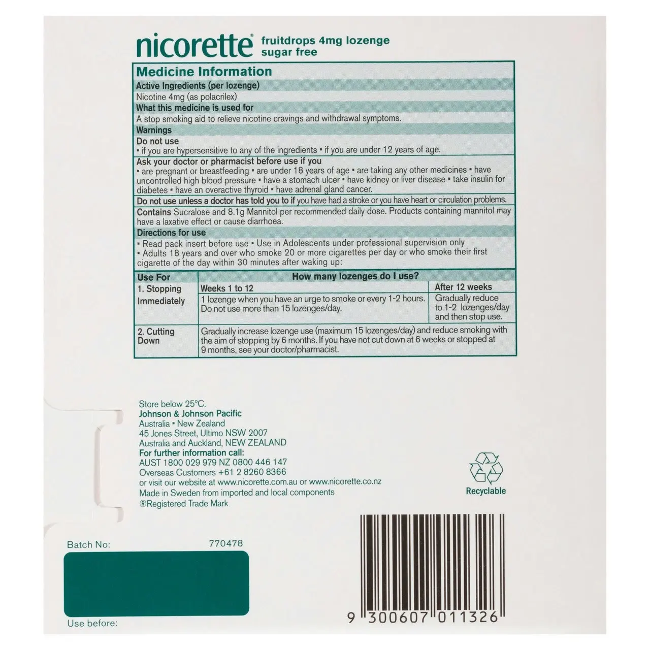 Nicorette Quit Smoking Extra Strength Nicotine Lozenge Fruitdrops 4 x 20 Pack