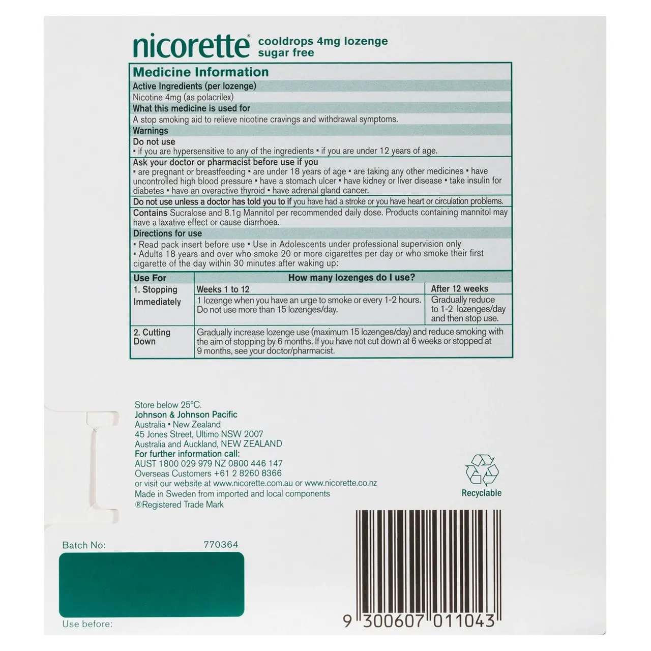 Nicorette Quit Smoking Extra Strength Cooldrops Nicotine Lozenge Icy Mint 4 x 20 Pack