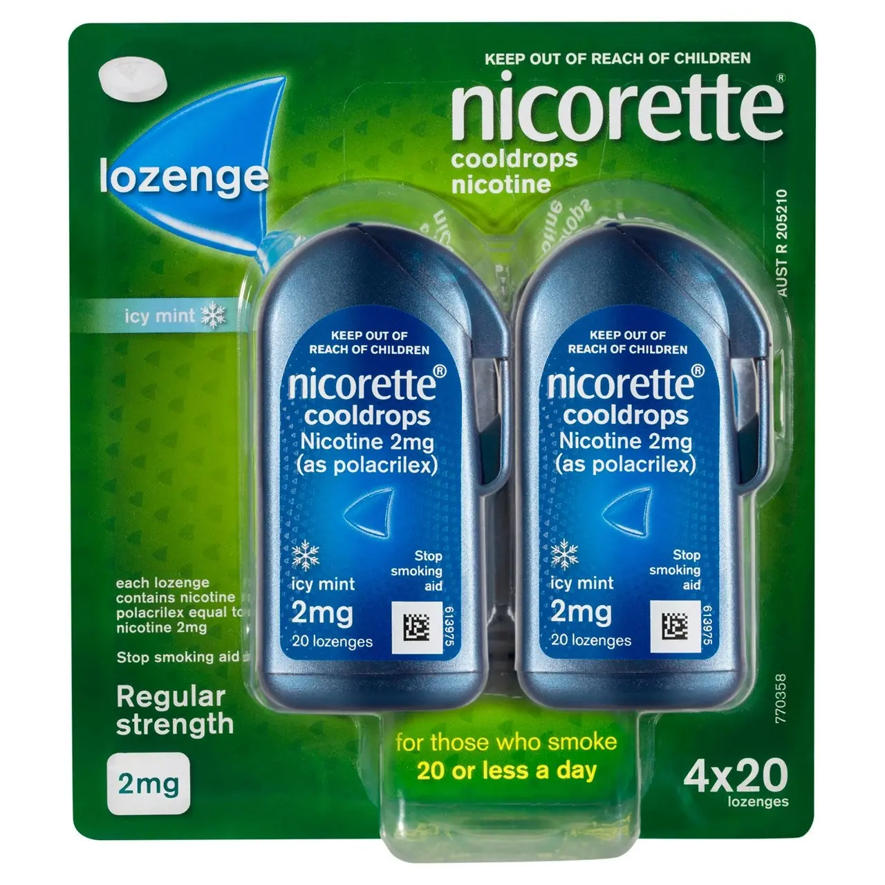 Nicorette Quit Smoking Regular Strength Cooldrops Nicotine Lozenge Icy Mint 4 x 20 Pack