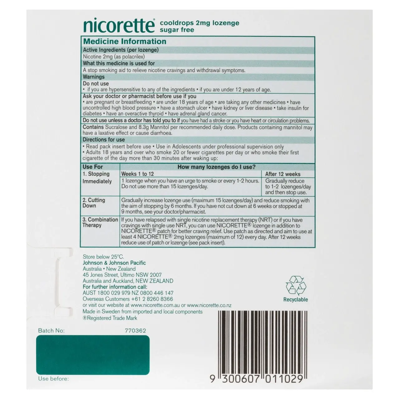 Nicorette Quit Smoking Regular Strength Cooldrops Nicotine Lozenge Icy Mint 4 x 20 Pack