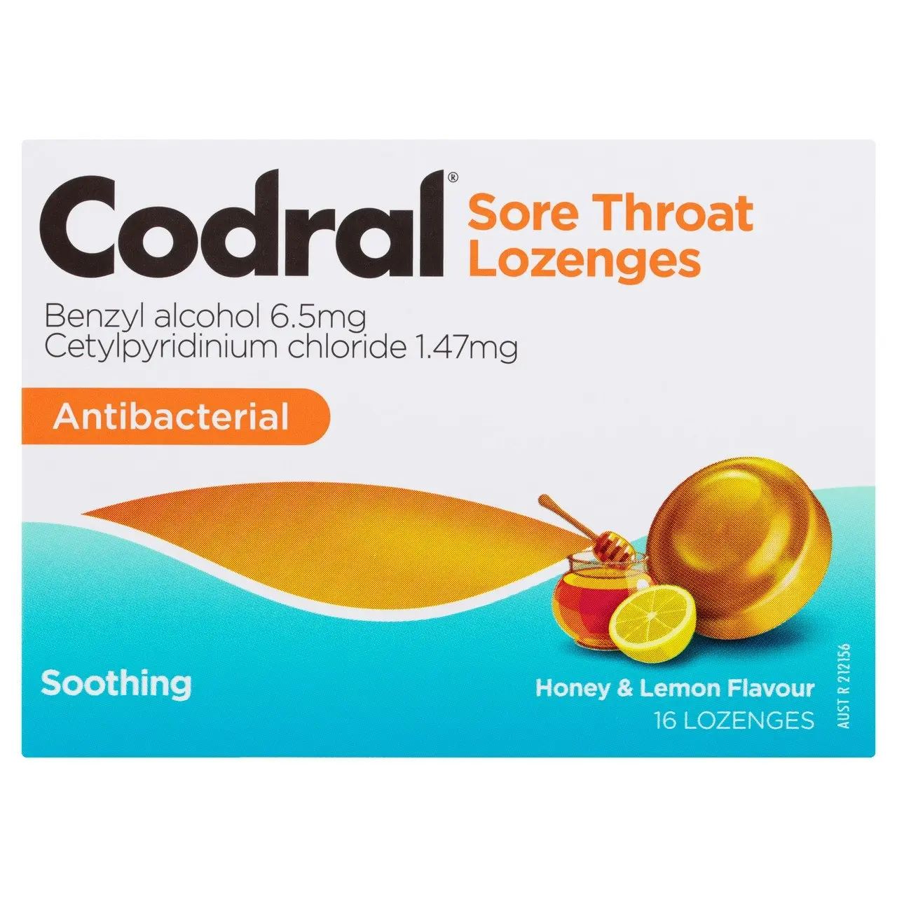 CODRAL Sore Throat Relief Lozenges Antibacterial Honey & Lemon 16 Pack