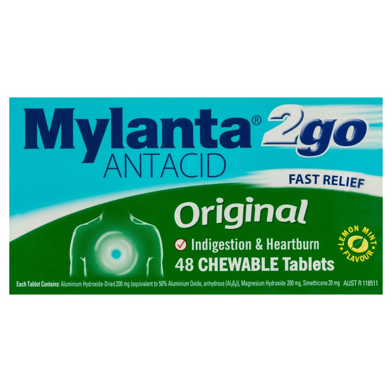 Mylanta 2Go Antacid Original Tablets Lemon Mint 48 Pack