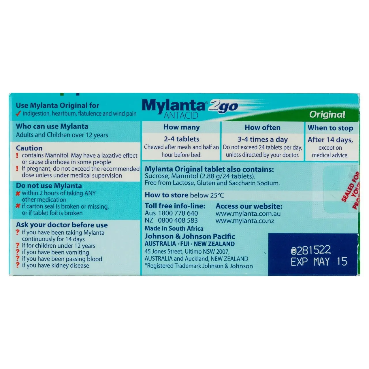 Mylanta 2Go Antacid Original Tablets Lemon Mint 48 Pack