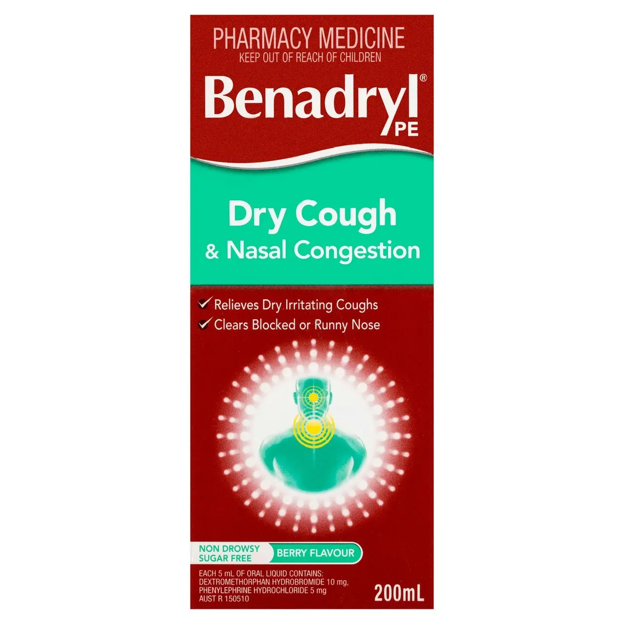 Benadryl PE Dry Cough & Nasal Congestion Liquid Berry Flavour 200mL