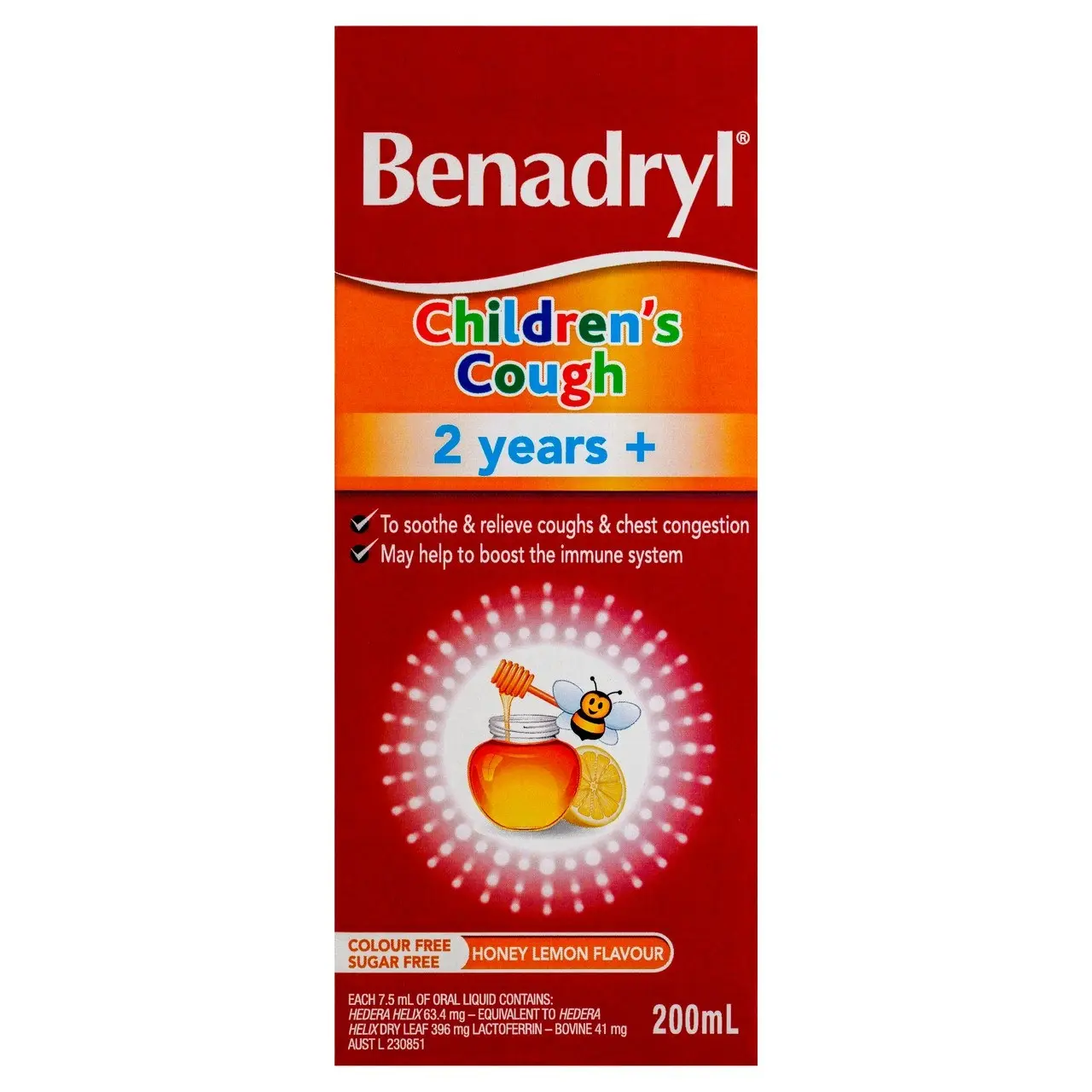 Benadryl Children's Cough Liquid Honey Lemon Flavour 200mL