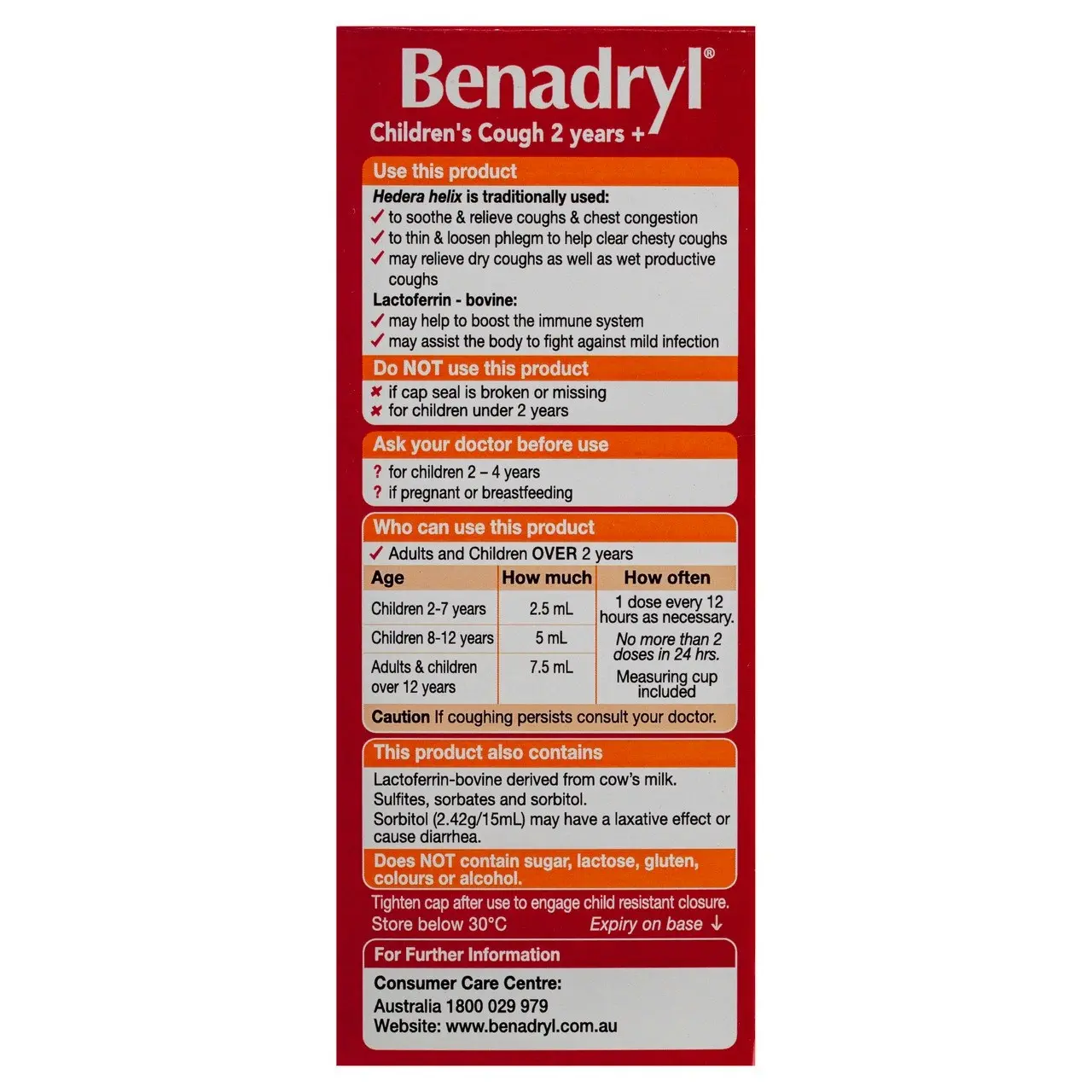 Benadryl Children's Cough Liquid Honey Lemon Flavour 200mL