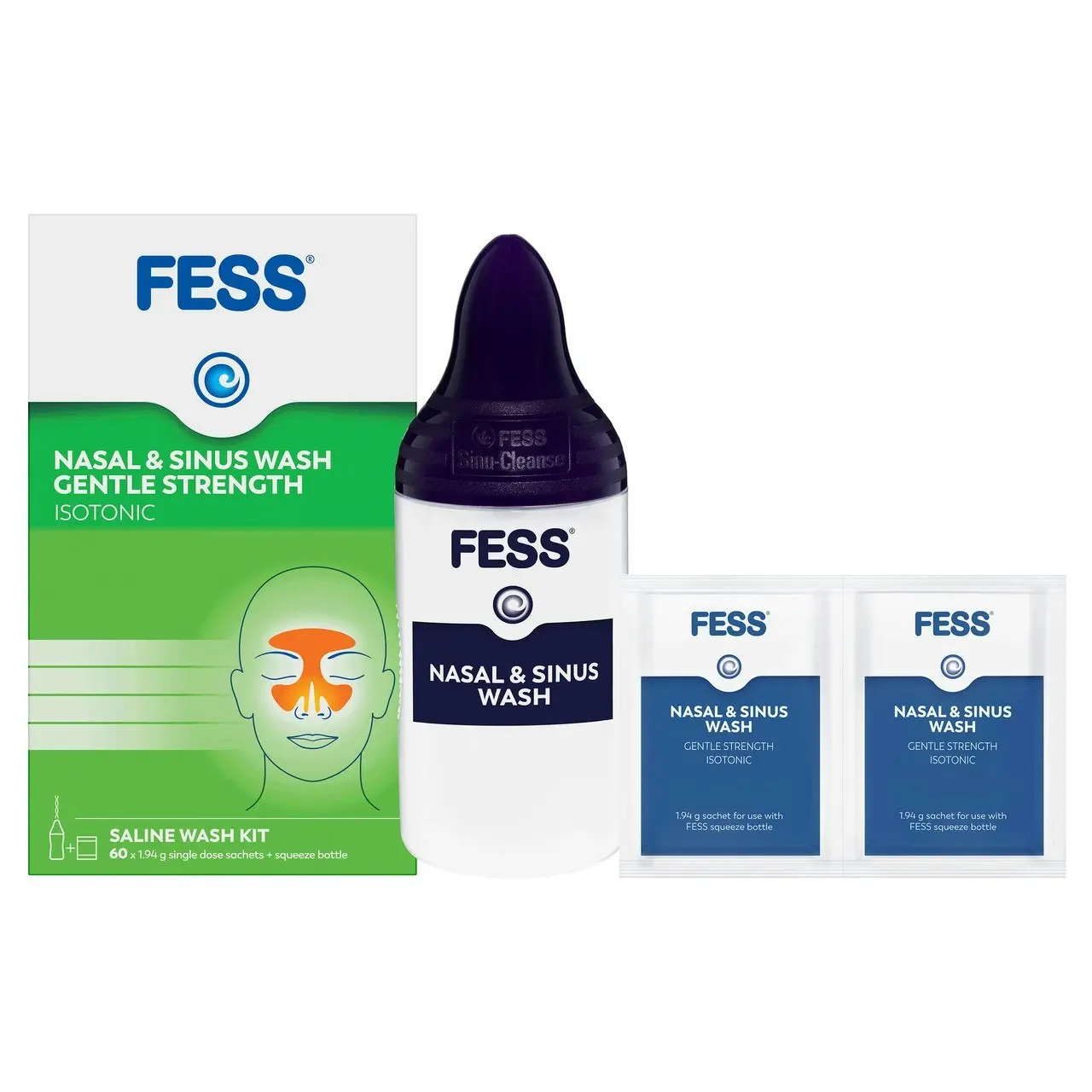 FESS Nasal & Sinus Wash Gentle Strength Saline Wash Kit 60 Pack