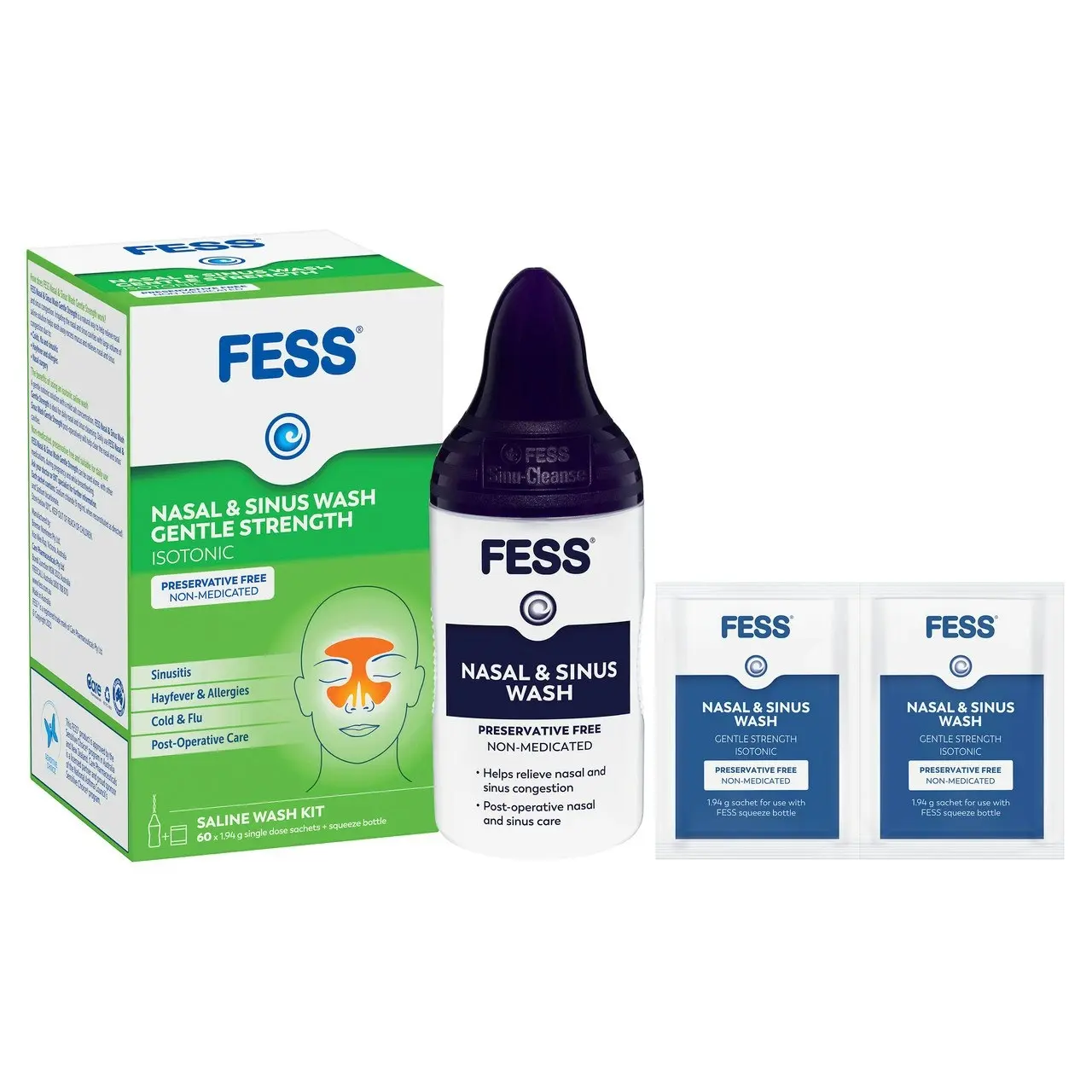 FESS Nasal & Sinus Wash Gentle Strength Saline Wash Kit 60 Pack