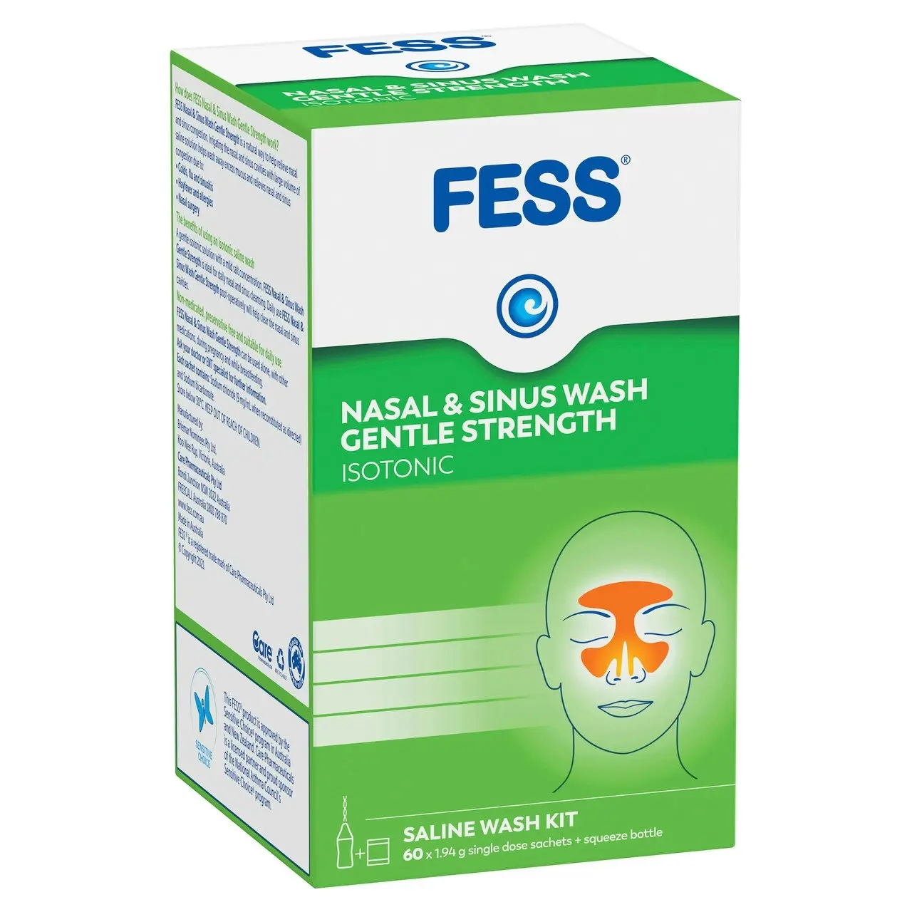 FESS Nasal & Sinus Wash Gentle Strength Saline Wash Kit 60 Pack