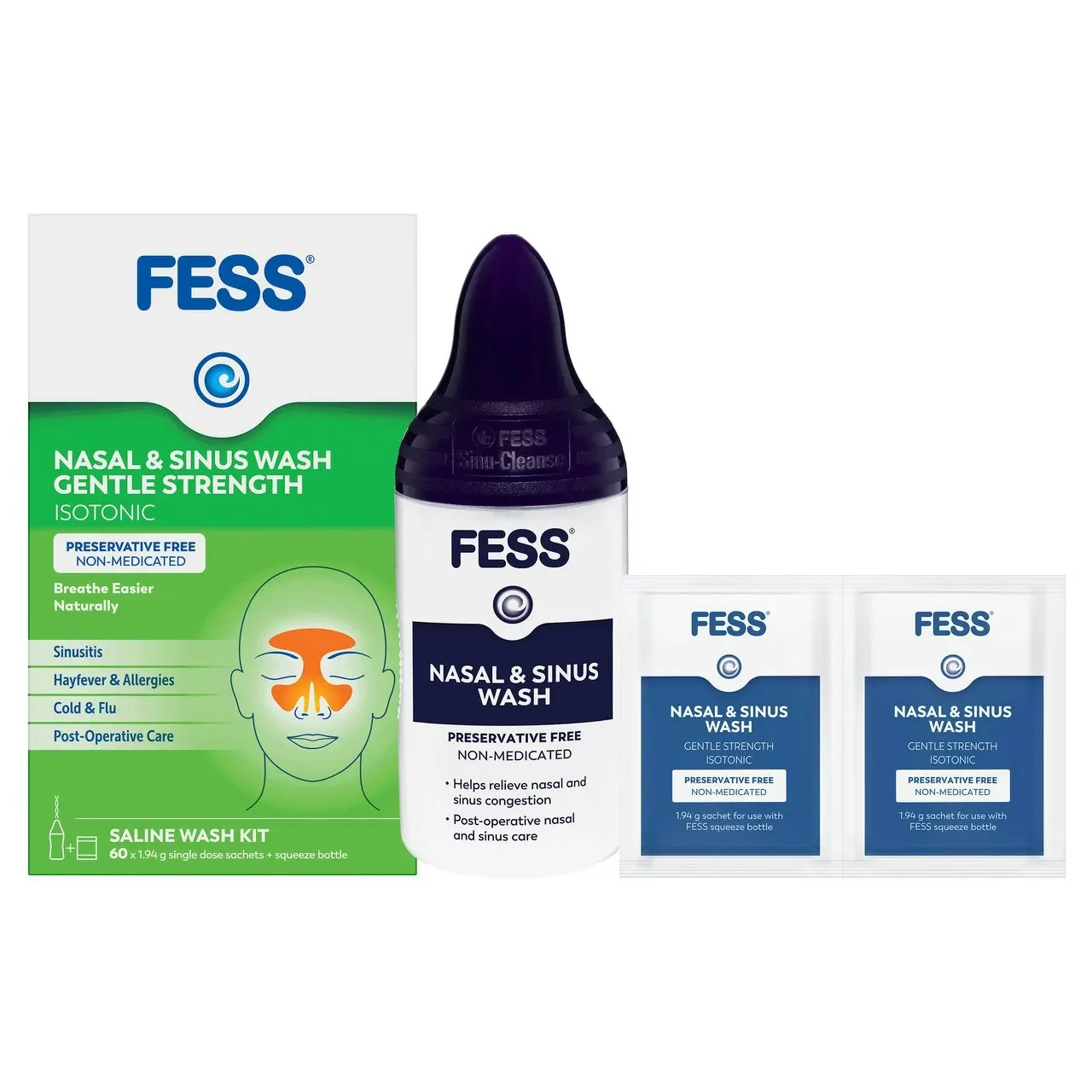 FESS Nasal & Sinus Wash Gentle Strength Saline Wash Kit 60 Pack