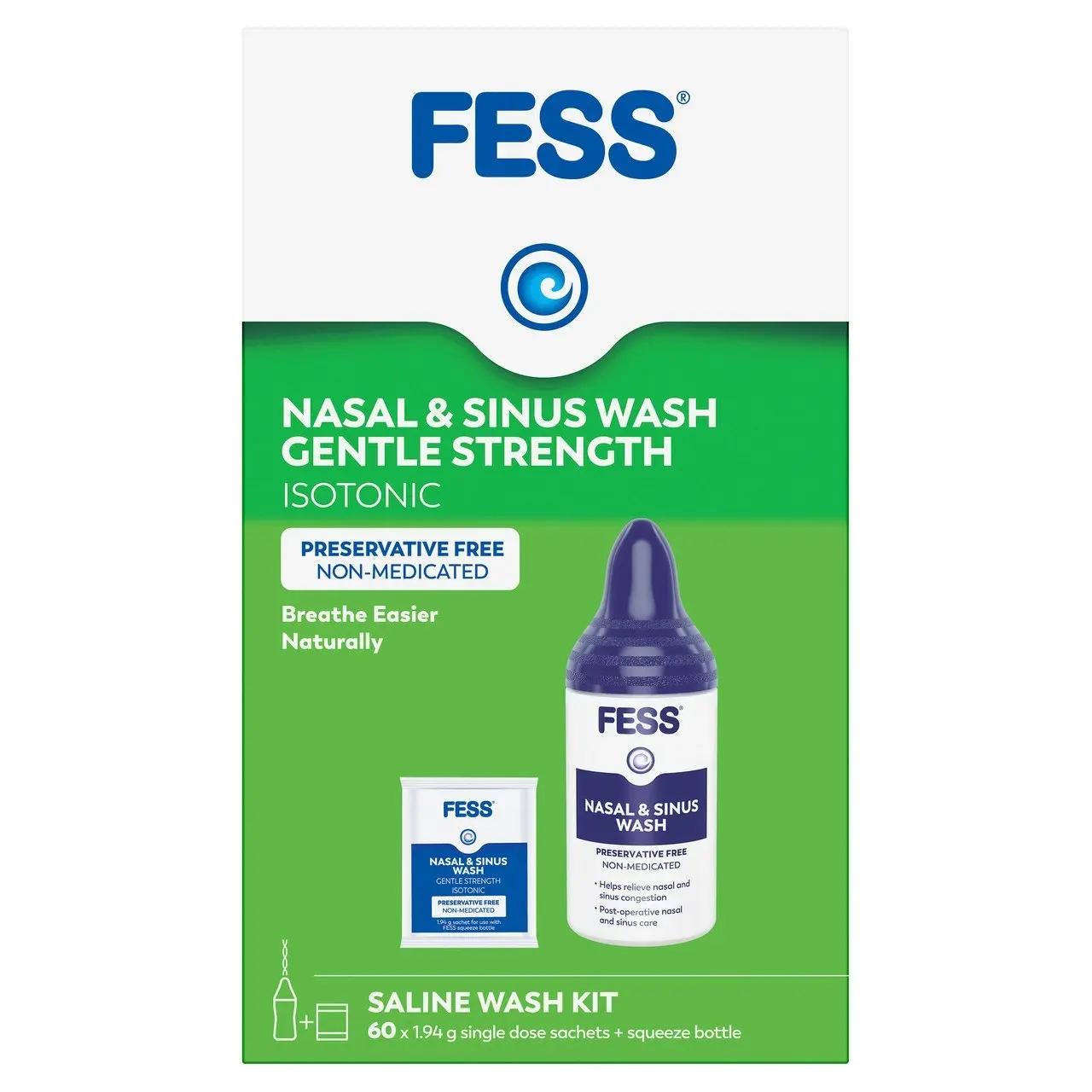 FESS Nasal & Sinus Wash Gentle Strength Saline Wash Kit 60 Pack