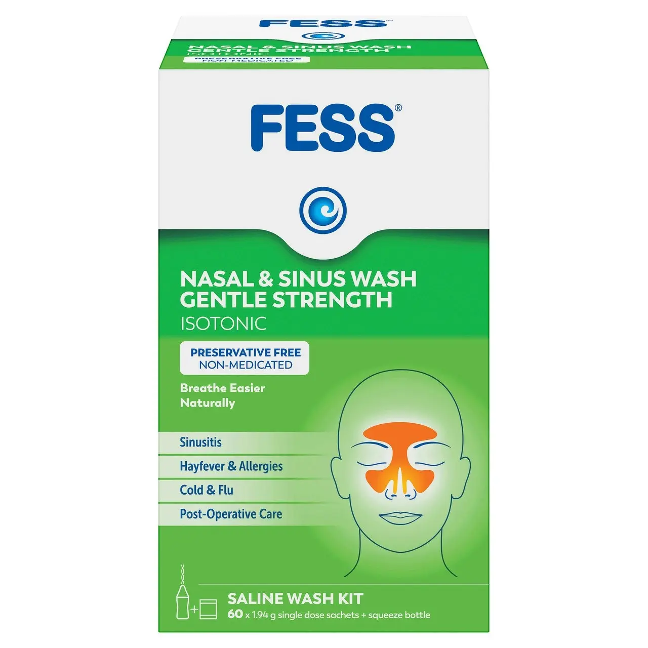 FESS Nasal & Sinus Wash Gentle Strength Saline Wash Kit 60 Pack