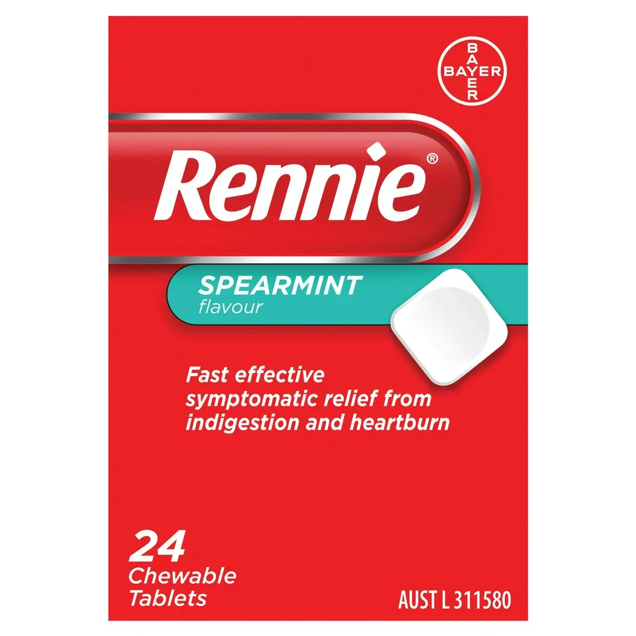 Rennie Indigestion and Heartburn Relief Spearmint 24 Chewable Tablets