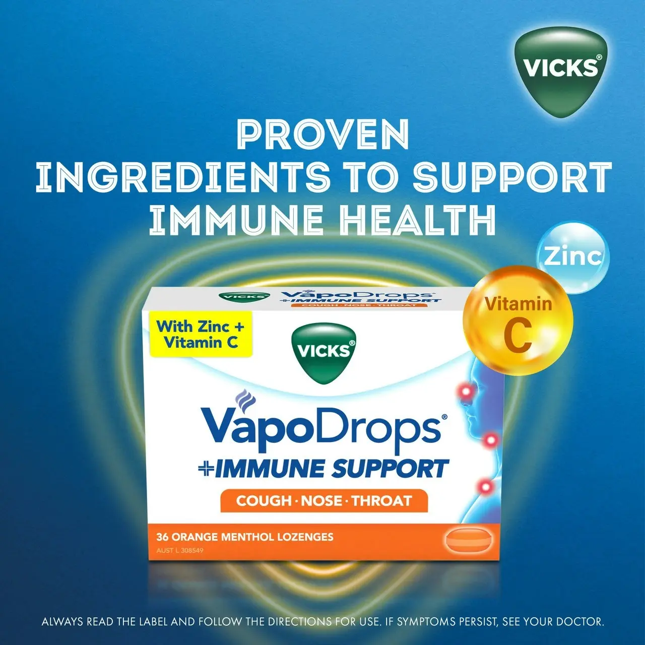 Vicks VapoDrops + Immune Support Orange Menthol, Nose, Throat & Cough Relief, Support Immune Health, 16 Lozenges