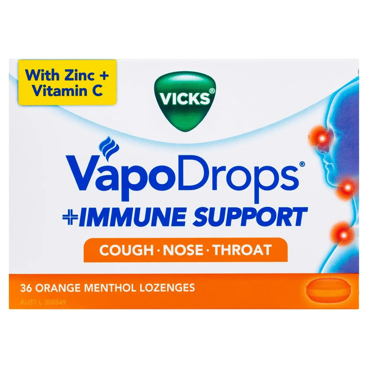 Vicks VapoDrops + Immune Support Orange Menthol, Nose, Throat & Cough Relief, Support Immune Health, 16 Lozenges