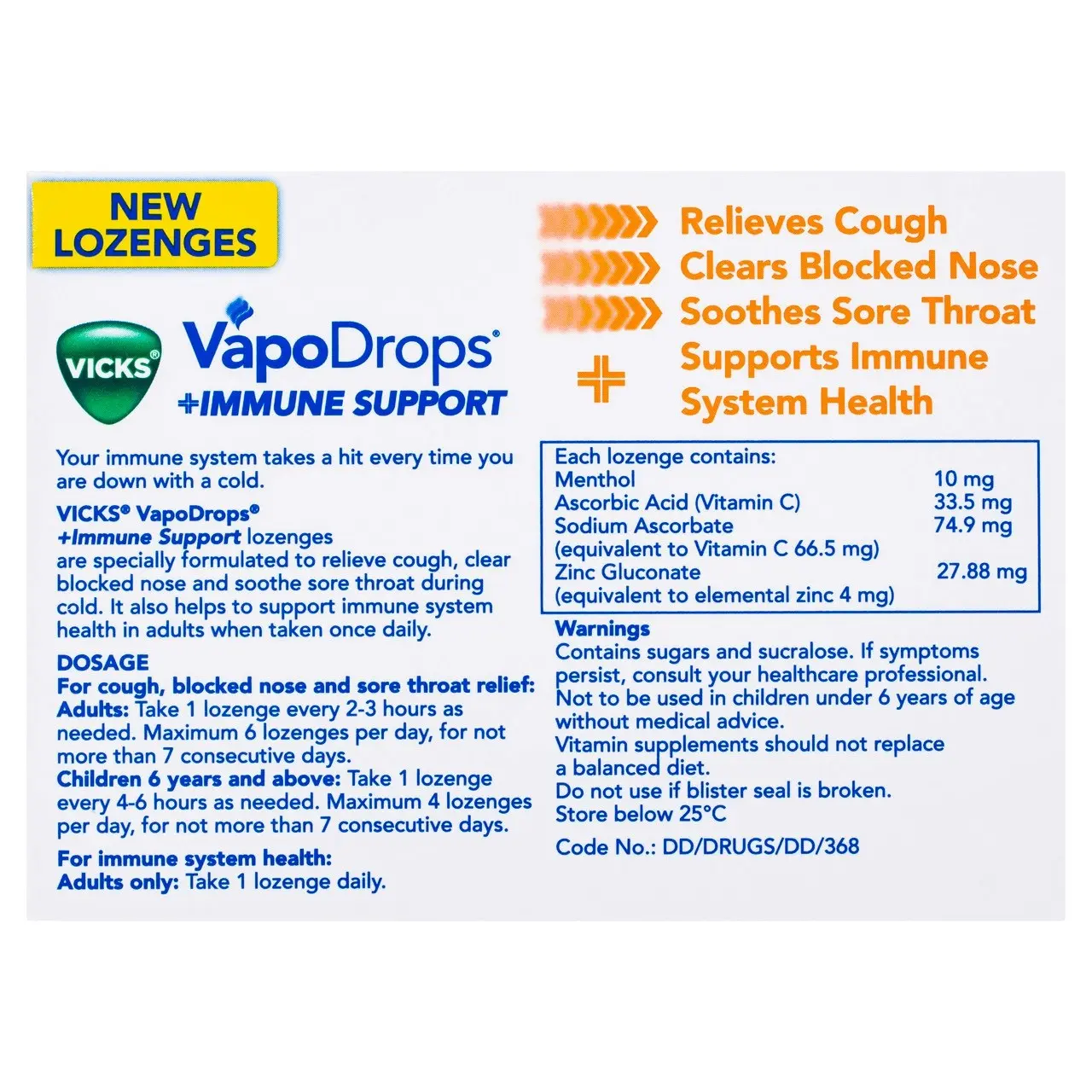 Vicks VapoDrops + Immune Support Orange Menthol, Nose, Throat & Cough Relief, Support Immune Health, 16 Lozenges