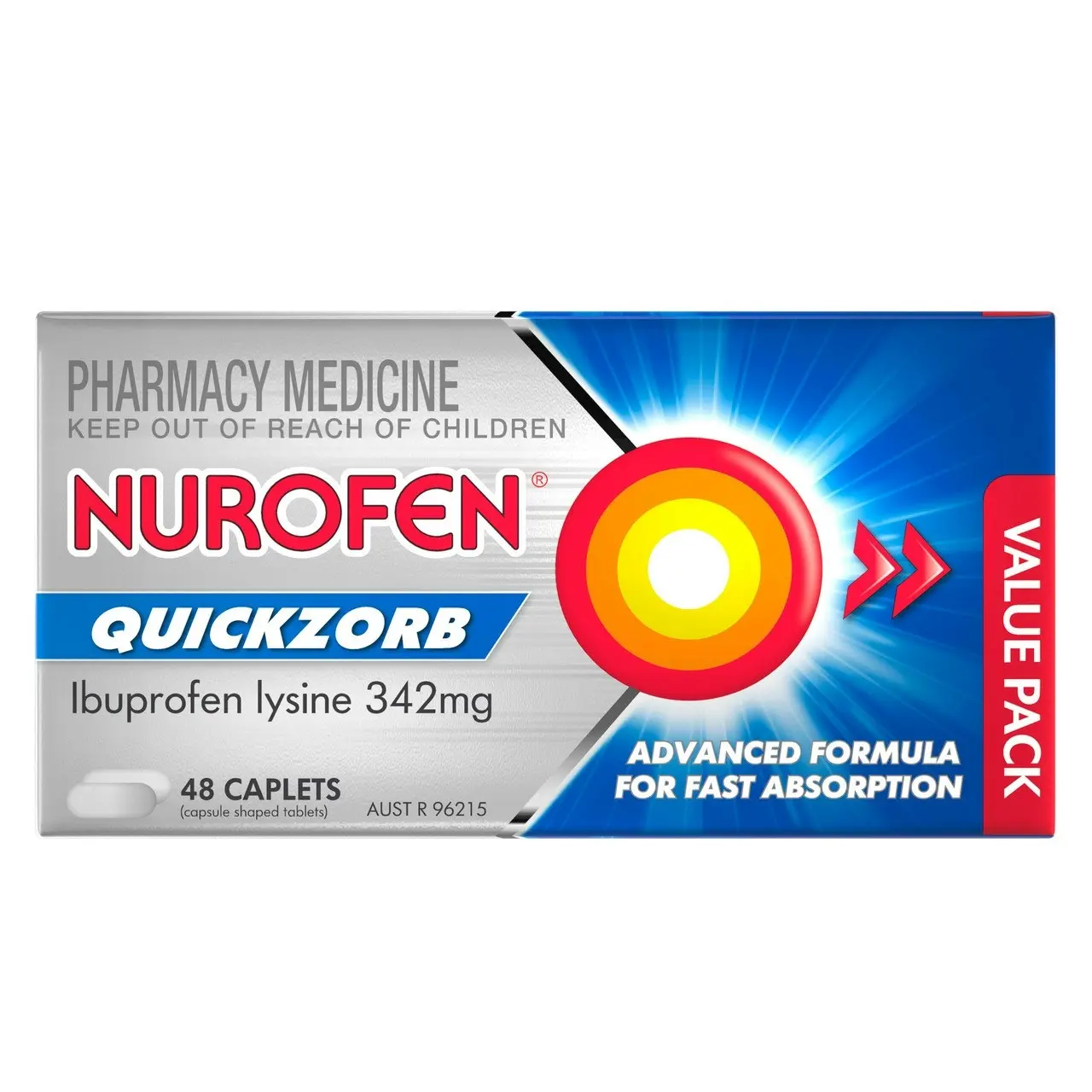 Nurofen Quickzorb Quick Pain Relief Caplets 342mg Ibuprofen 48 pack