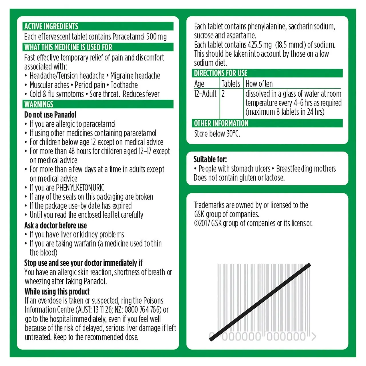 Panadol Rapid Soluble for Pain Relief, Paracetamol - 500mg 20 effervescent tablets