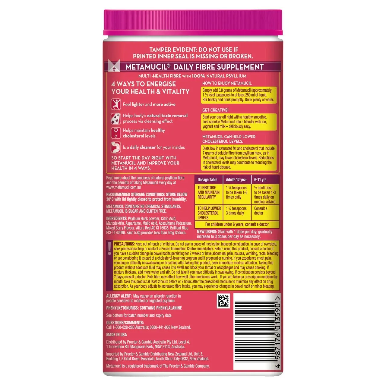 Metamucil Multi-Health Fibre with 100% Psyllium Natural Psyllium Wild Berry Smooth 114 Doses