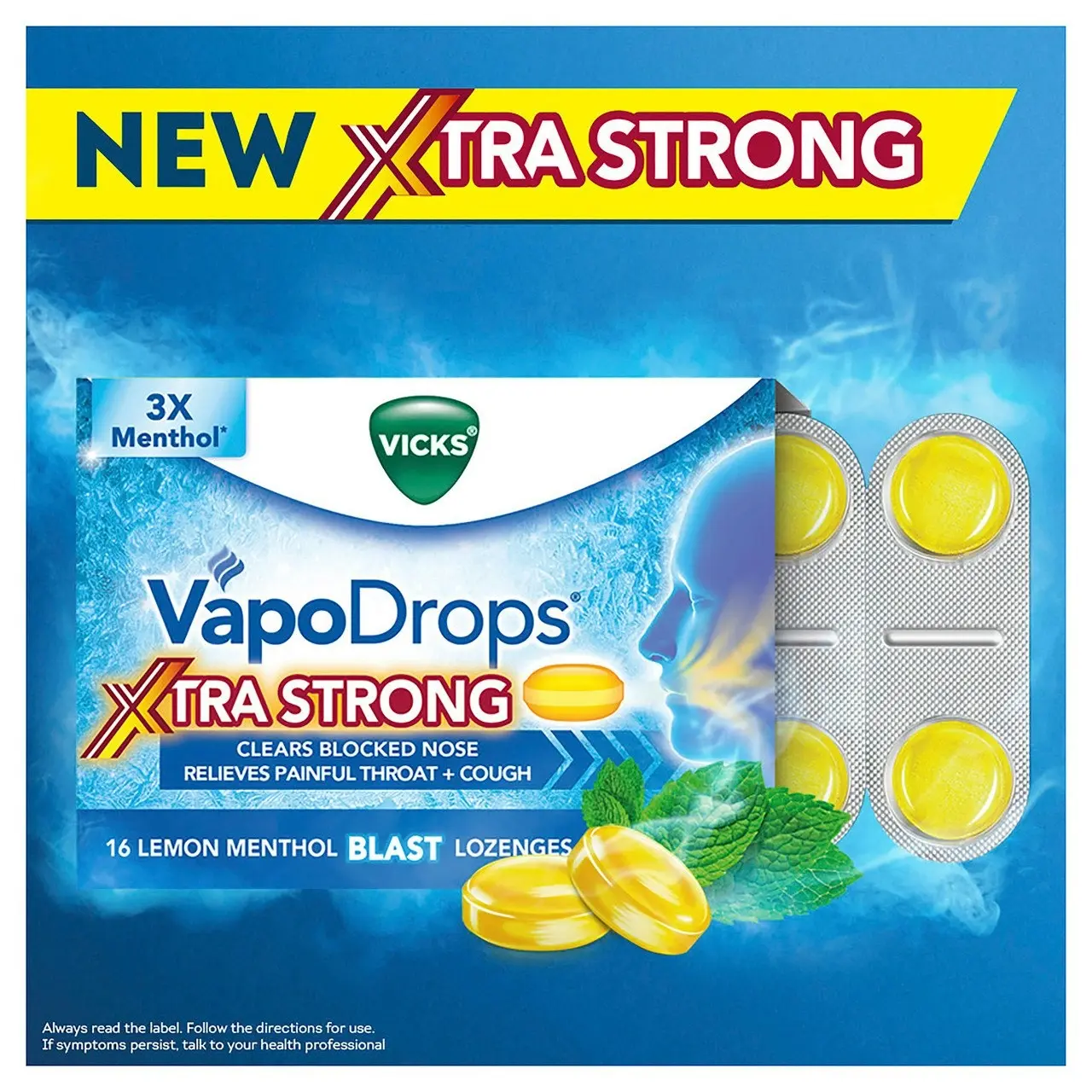 Vicks VapoDrops Xtra Strong Lemon Menthol Blast 16 Lozenges