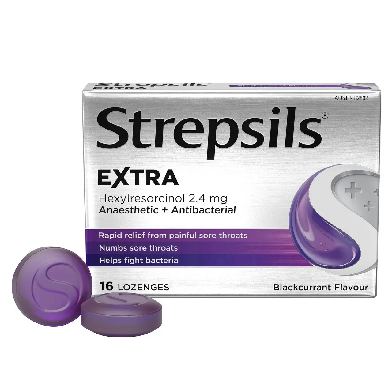 Strepsils Extra Blackcurrant Fast Numbing Sore Throat Pain Relief with Anaesthetic Lozenges 16 pack