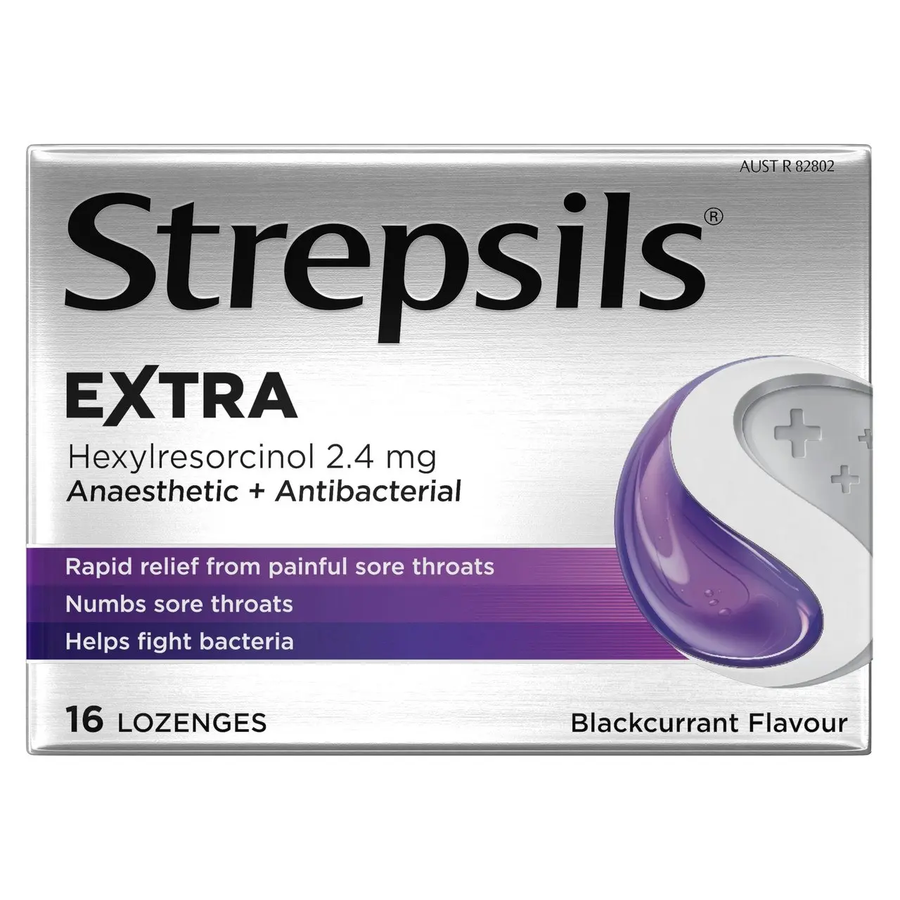 Strepsils Extra Blackcurrant Fast Numbing Sore Throat Pain Relief with Anaesthetic Lozenges 16 pack