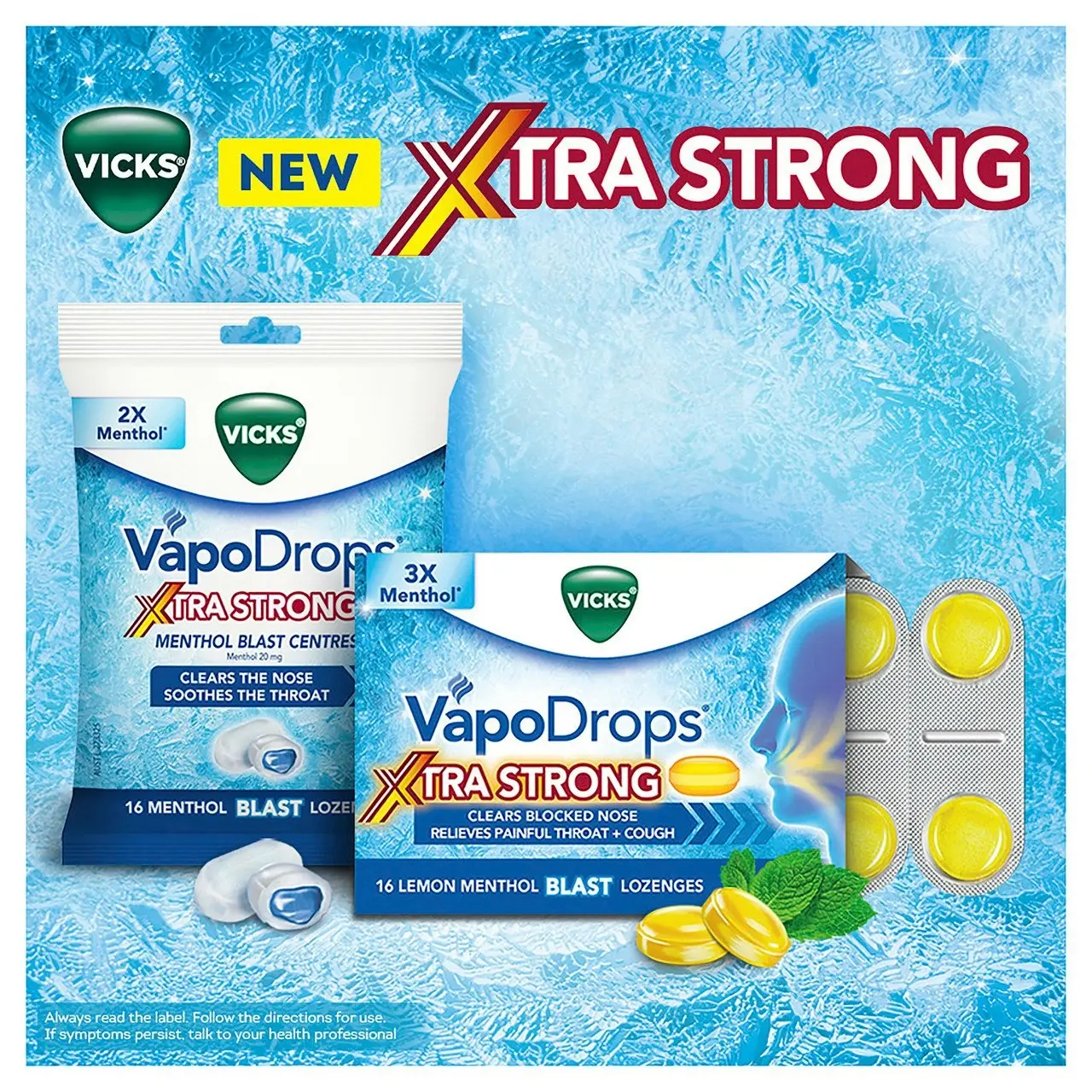 Vicks VapoDrops Xtra Strong Lemon Menthol Blast 36 Lozenges - Cough & Cold