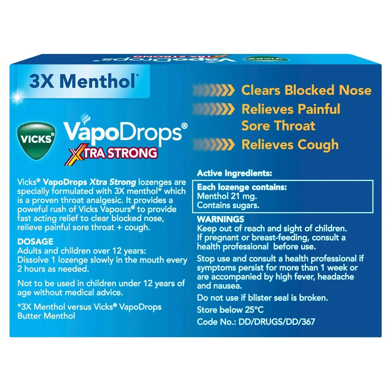 Vicks VapoDrops Xtra Strong Lemon Menthol Blast 36 Lozenges - Cough & Cold