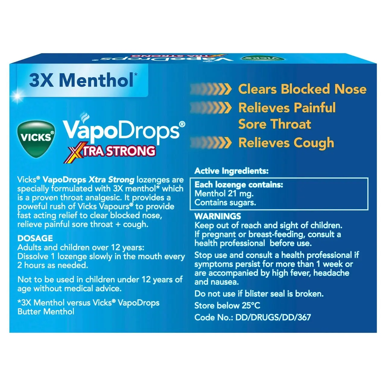 Vicks VapoDrops Xtra Strong Lemon Menthol Blast 36 Lozenges - Cough & Cold