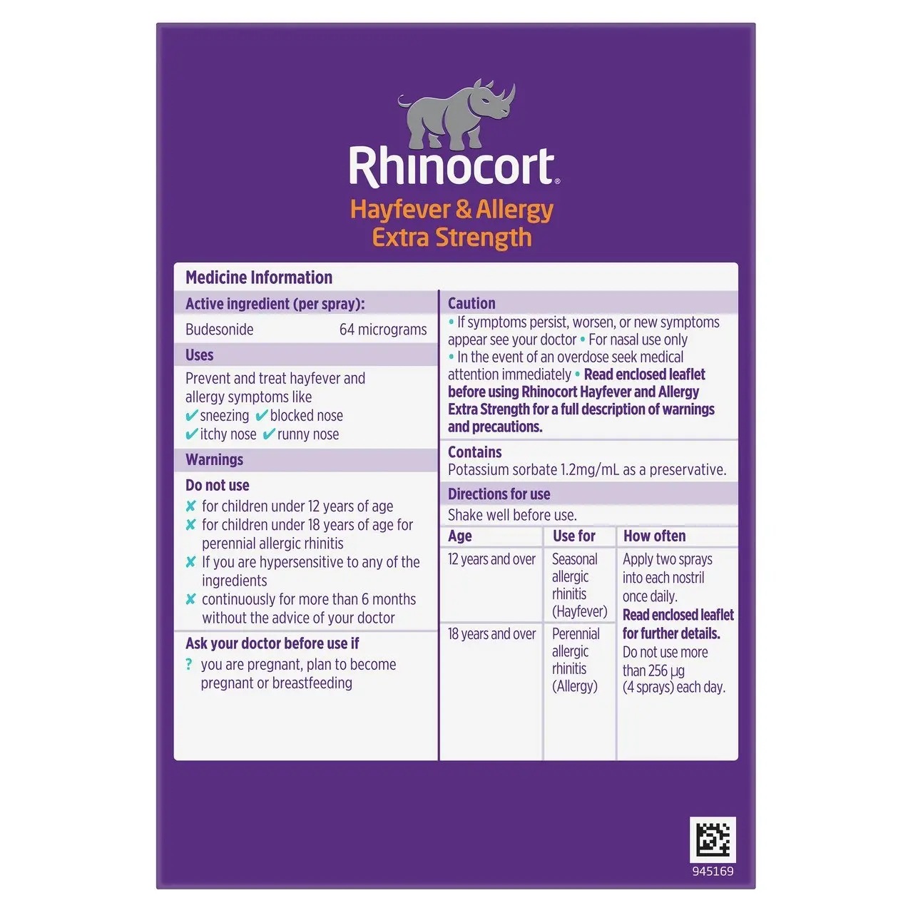 Rhinocort Extra Strength Non-Drowsy 24 Hour Hayfever & Allergy Relief Nasal Spray Twin Pack 2 x 120 Sprays