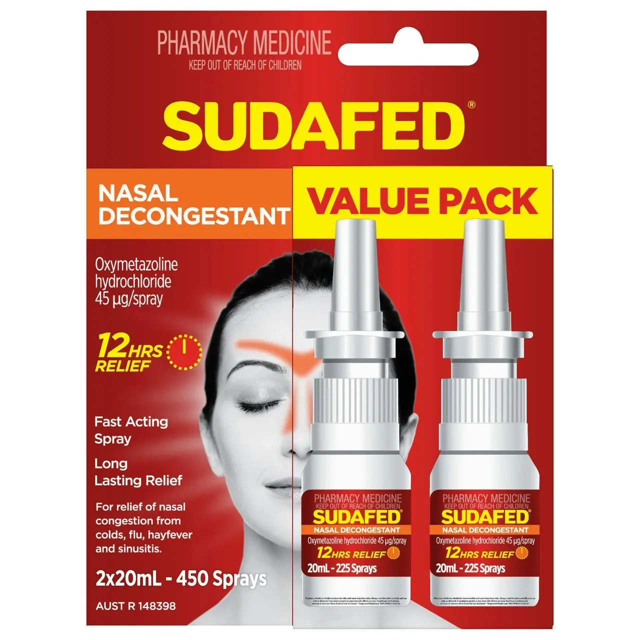 SUDAFED Nasal Decongestant Sinus Relief Spray Value Pack 2x 20mL