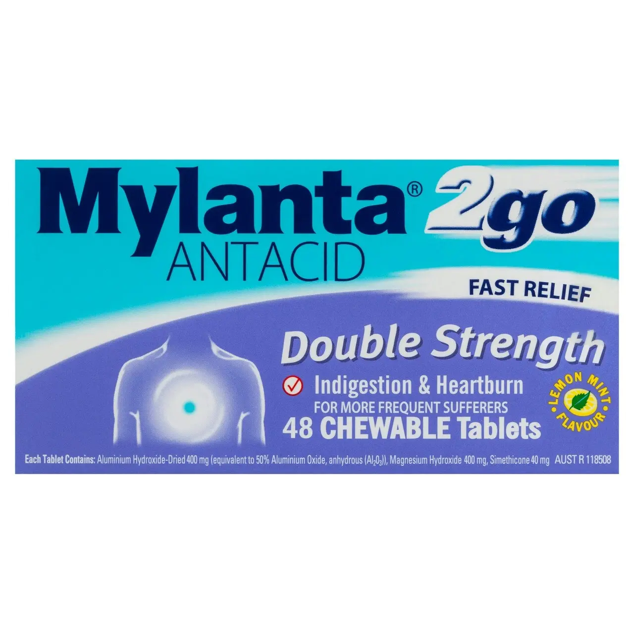 Mylanta 2Go Antacid Double Strength Chewable Tablets Lemon Mint 48 Pack