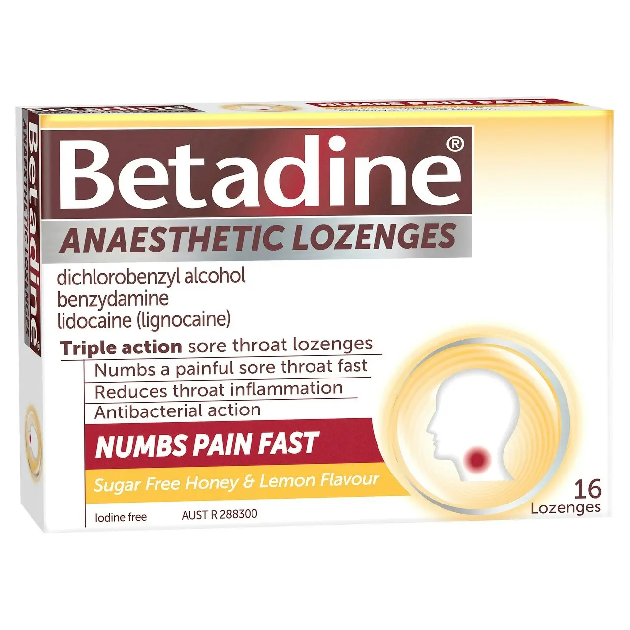 Betadine Sore Throat Anaesthetic Lozenges Honey & Lemon 16 Pack