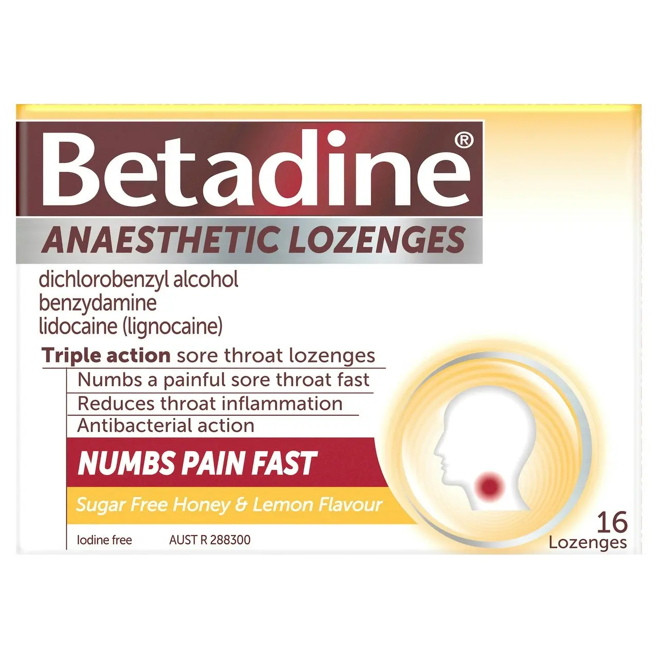 Betadine Sore Throat Anaesthetic Lozenges Honey & Lemon 16 Pack