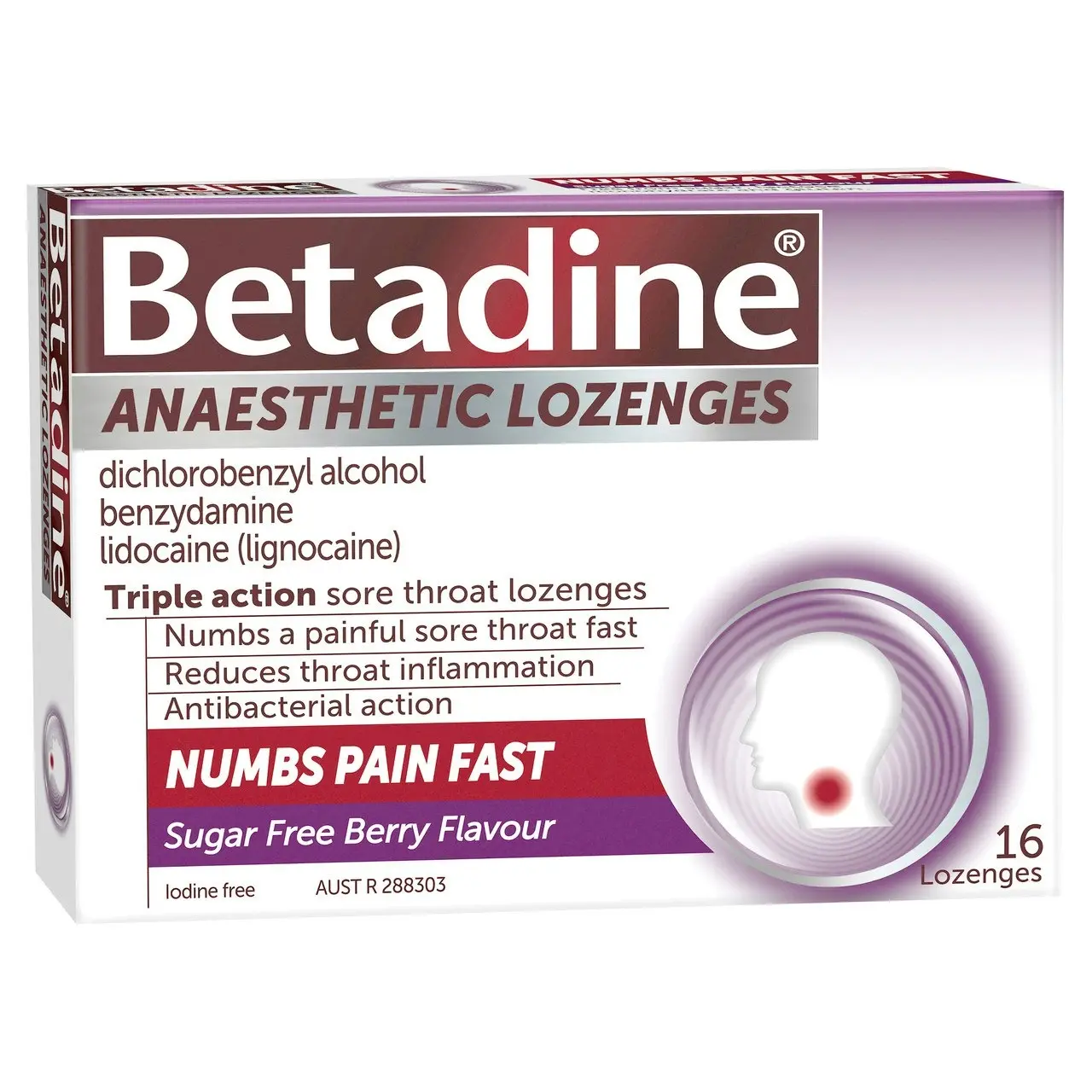 Betadine Sore Throat Anaesthetic Lozenges Berry 16 Pack