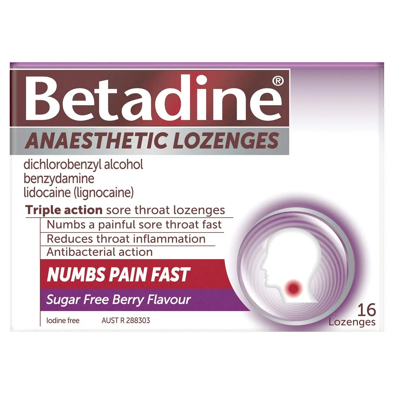 Betadine Sore Throat Anaesthetic Lozenges Berry 16 Pack