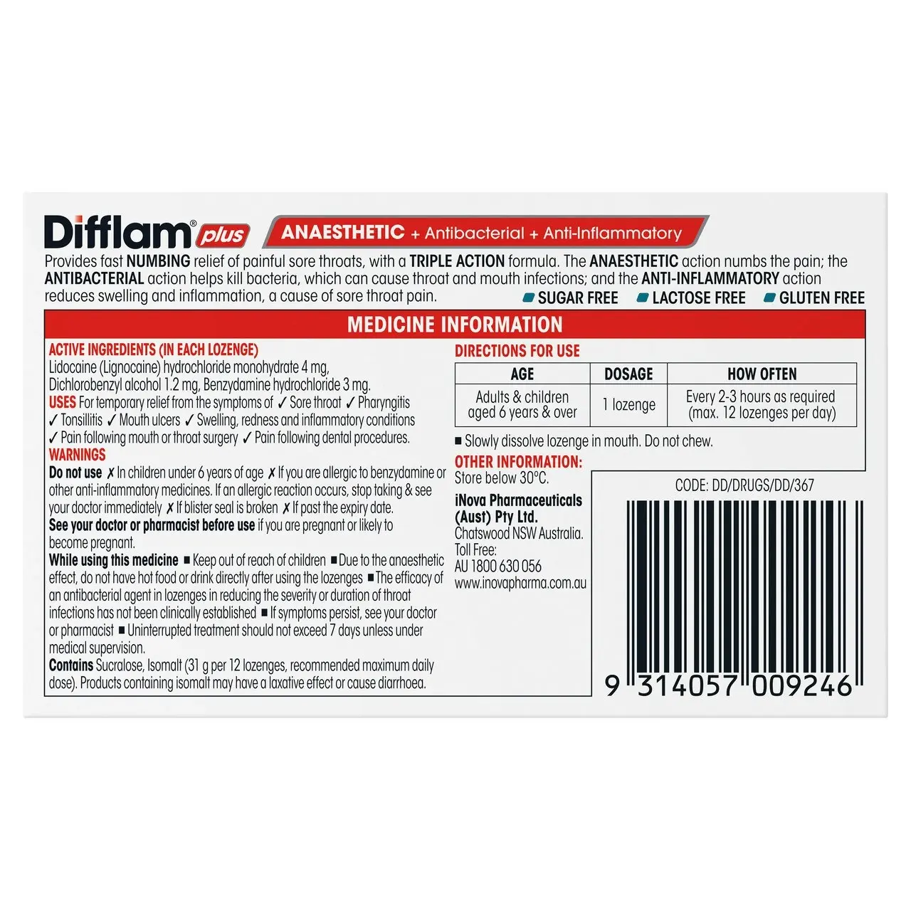 Difflam Plus Anaesthetic Sore Throat Lozenges Eucalyptus & Menthol Flavour 16s