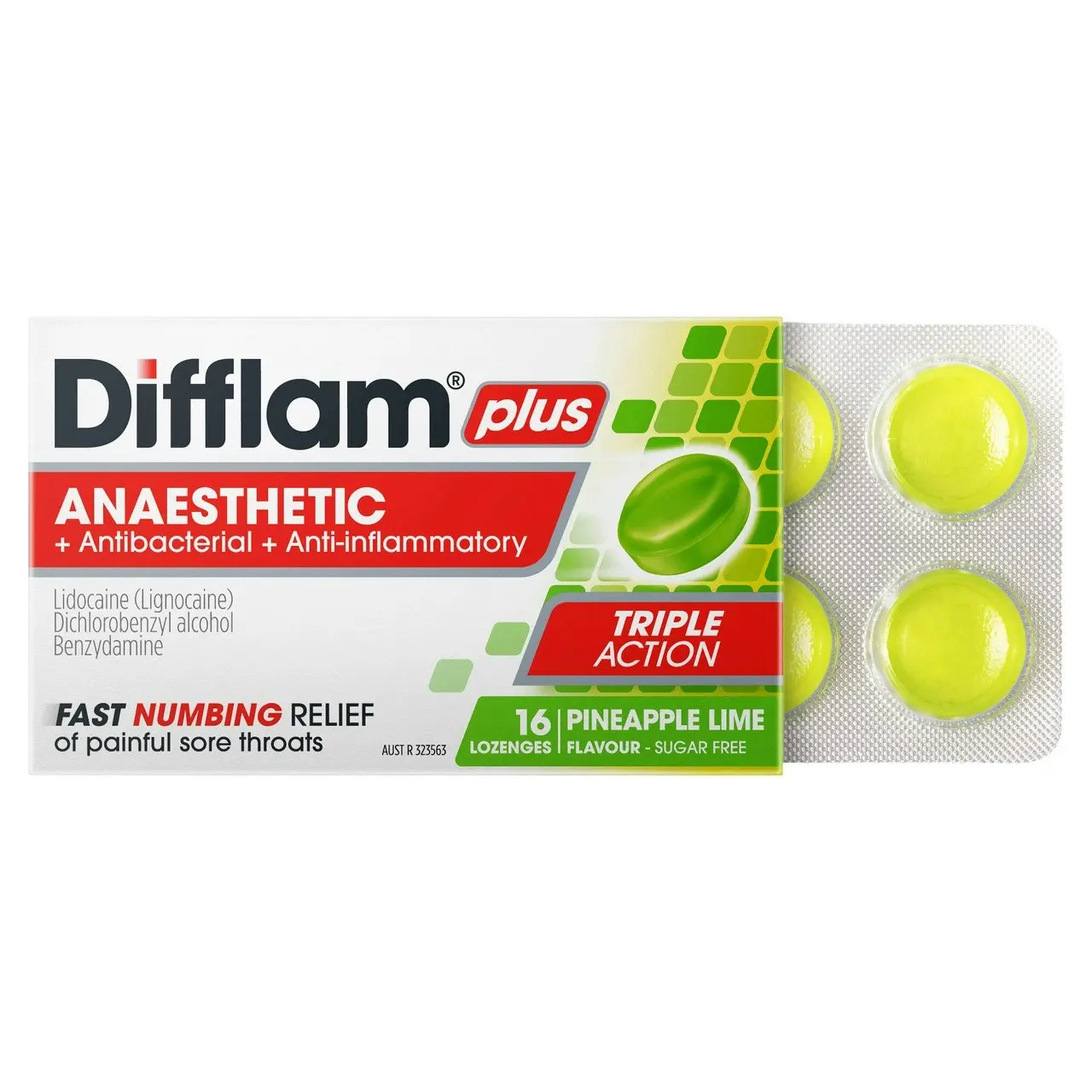 Difflam Plus Anaesthetic Sore Throat Lozenges Pineapple & Lime Flavour 16s