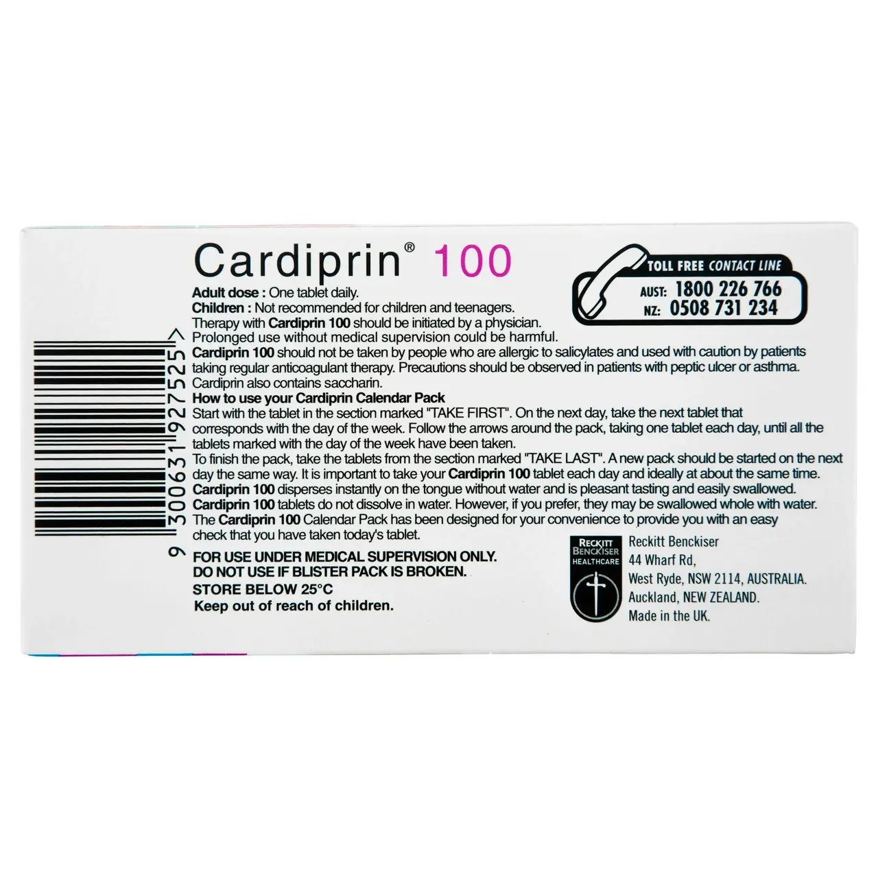 Cardiprin Blood Clotting Reduction Tablets 100mg Aspirin 180 pack