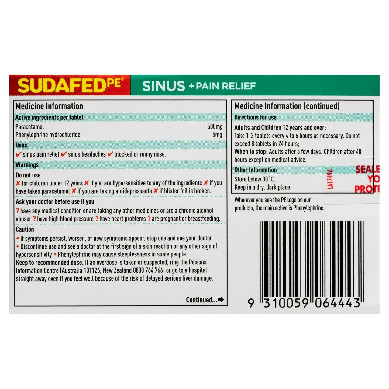 SUDAFED PE Sinus + Pain Relief Tablets 48 Pack