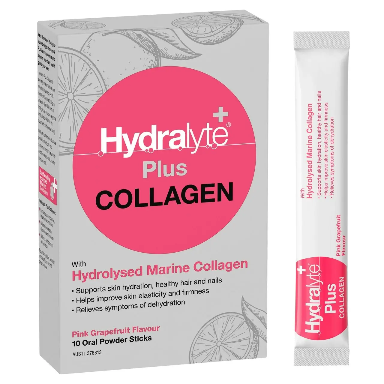 Hydralyte Plus Collagen with Hydrolysed Marine Collagen Pink Grapefruit 10 Pack