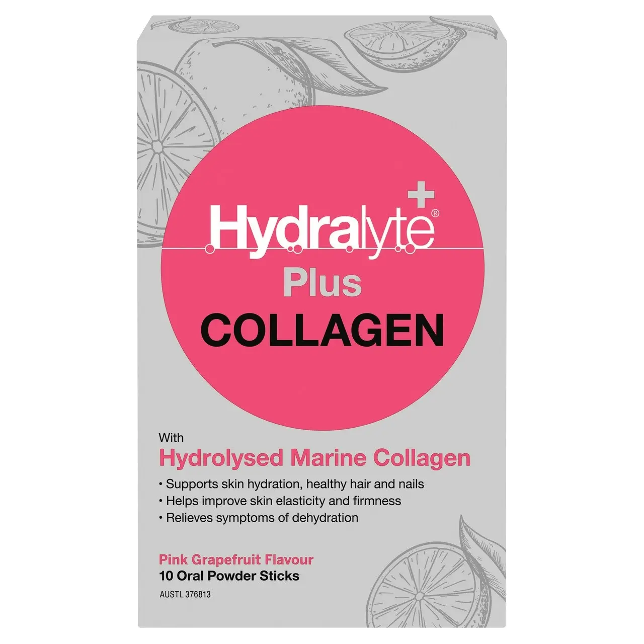 Hydralyte Plus Collagen with Hydrolysed Marine Collagen Pink Grapefruit 10 Pack