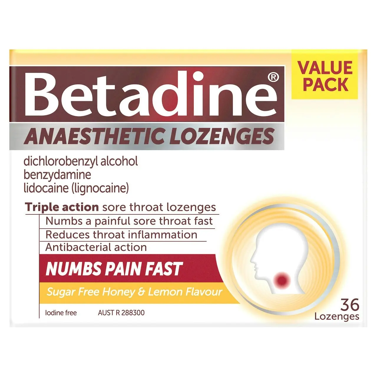 Betadine Sore Throat Anaesthetic Lozenges Honey & Lemon 36 Pack