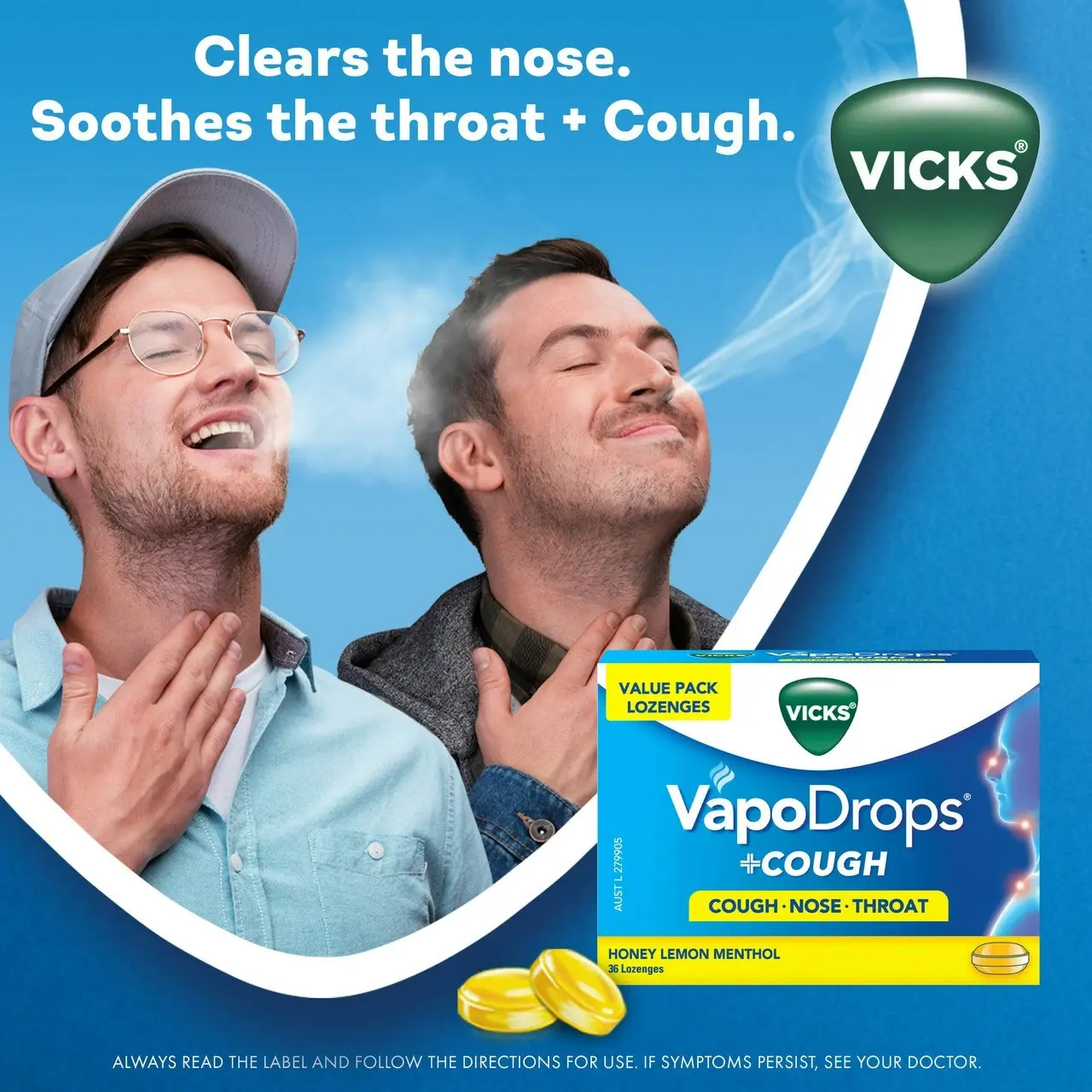 Vicks VapoDrops + Cough Honey Lemon Menthol 36 Lozenges